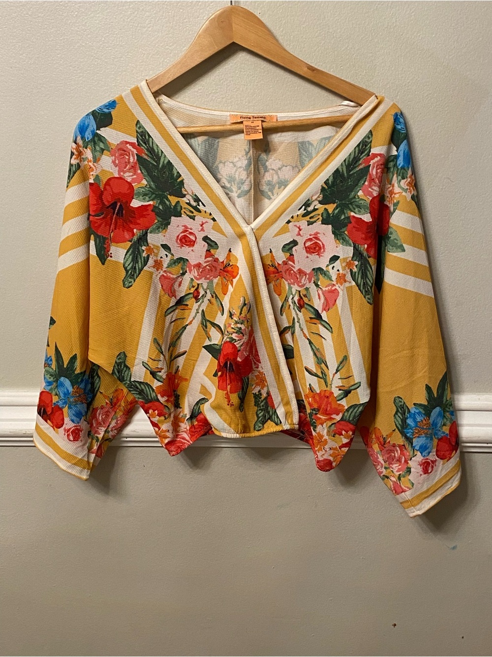 Flying Tomato Mustard Yellow Floral V-Neck Wrap Top with Red and Blue Accents